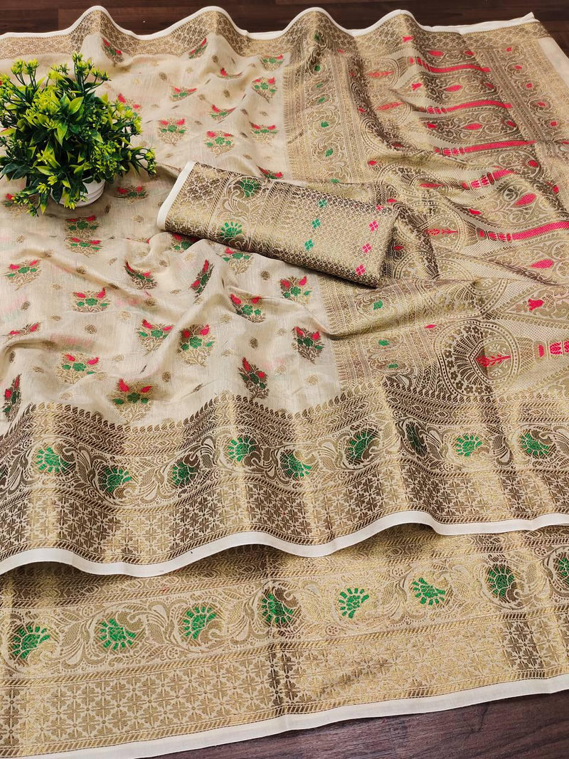 Elegant Soft Cotton Zari Meenakari Weaving Saree