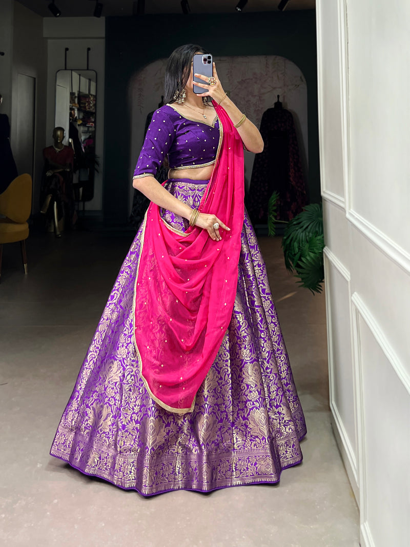 Elegant Purple Jacquard Silk Lehenga Set with Zari Weaving