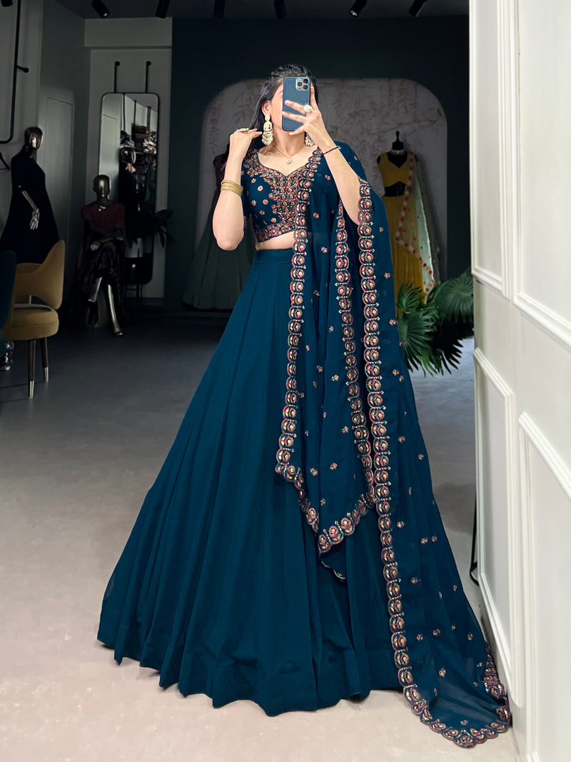 Firozi Color Georgette Solid Lehenga