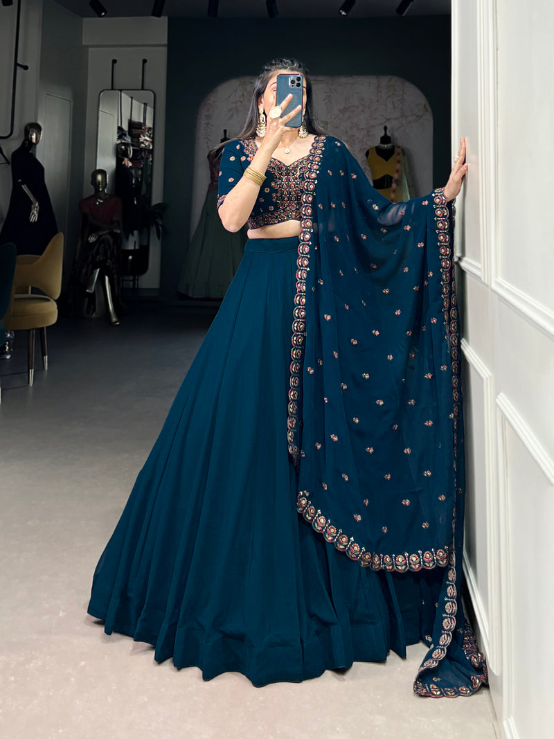 Firozi Color Georgette Solid Lehenga