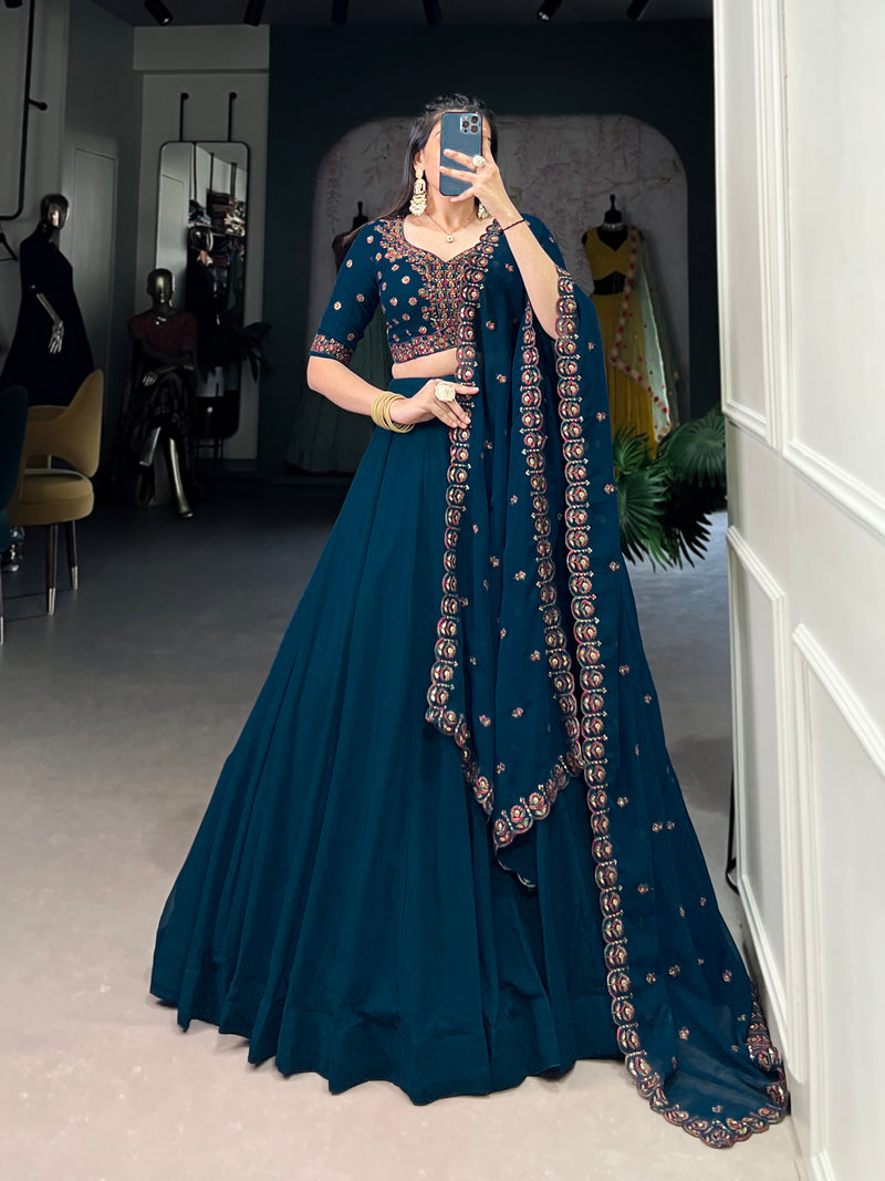 Firozi Color Georgette Solid Lehenga