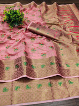 Elegant Soft Cotton Zari Meenakari Weaving Saree