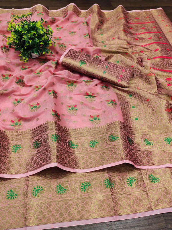 Elegant Soft Cotton Zari Meenakari Weaving Saree