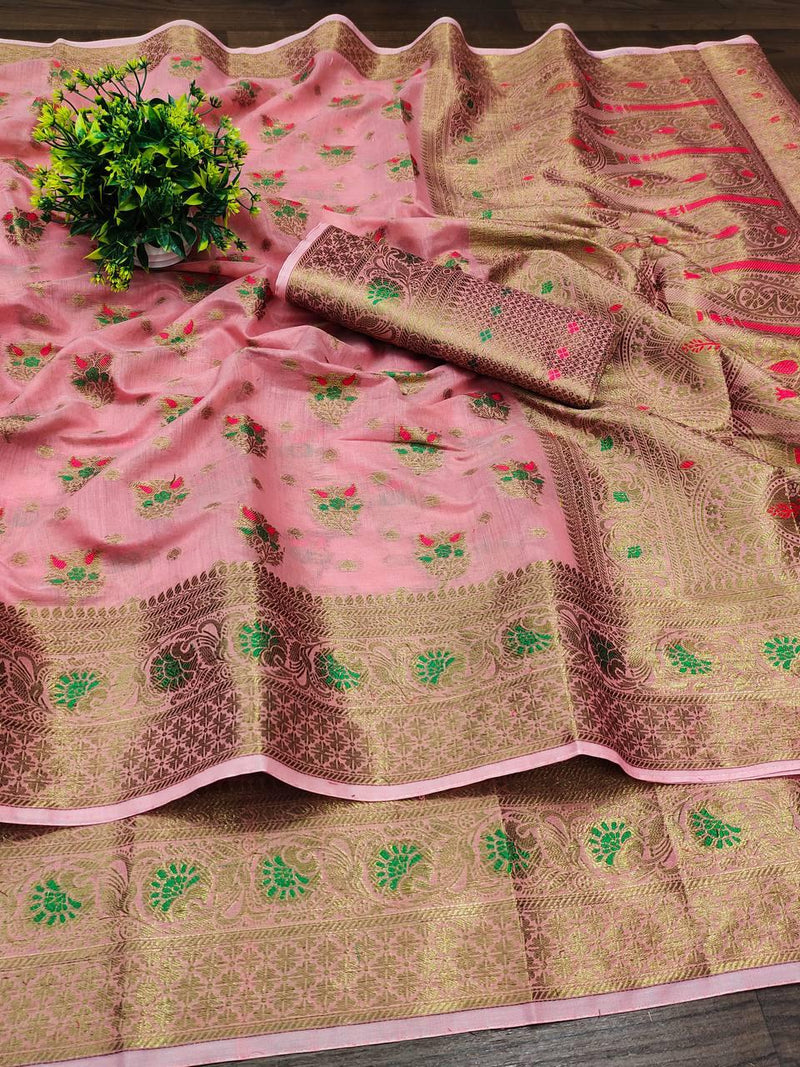 Elegant Soft Cotton Zari Meenakari Weaving Saree