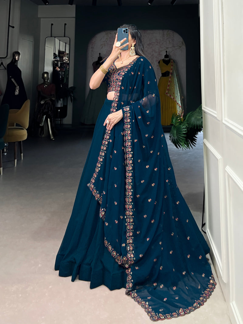 Firozi Color Georgette Solid Lehenga