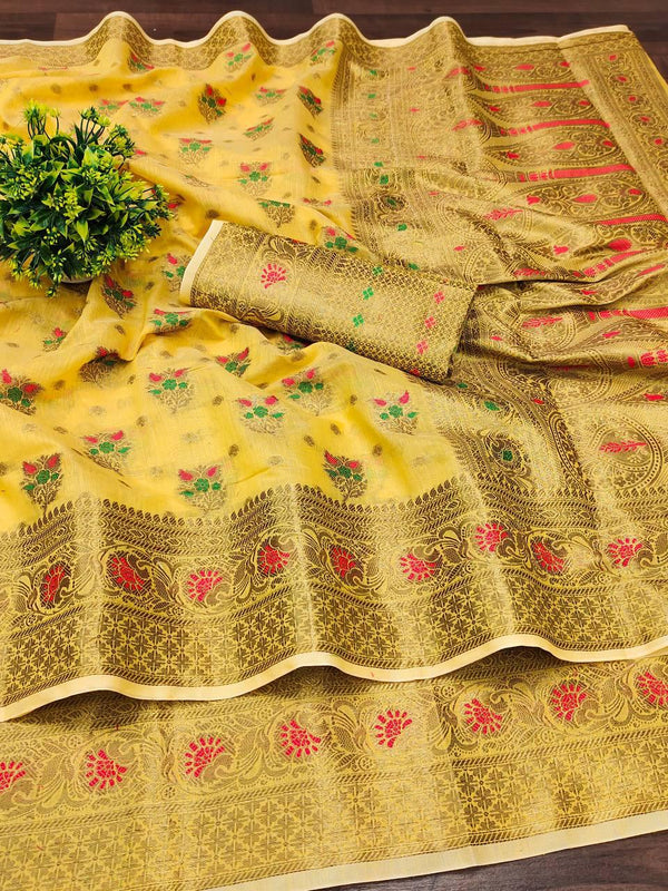 Elegant Soft Cotton Zari Meenakari Weaving Saree