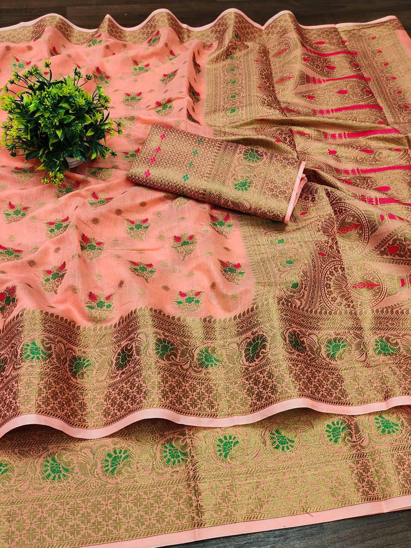 Elegant Soft Cotton Zari Meenakari Weaving Saree