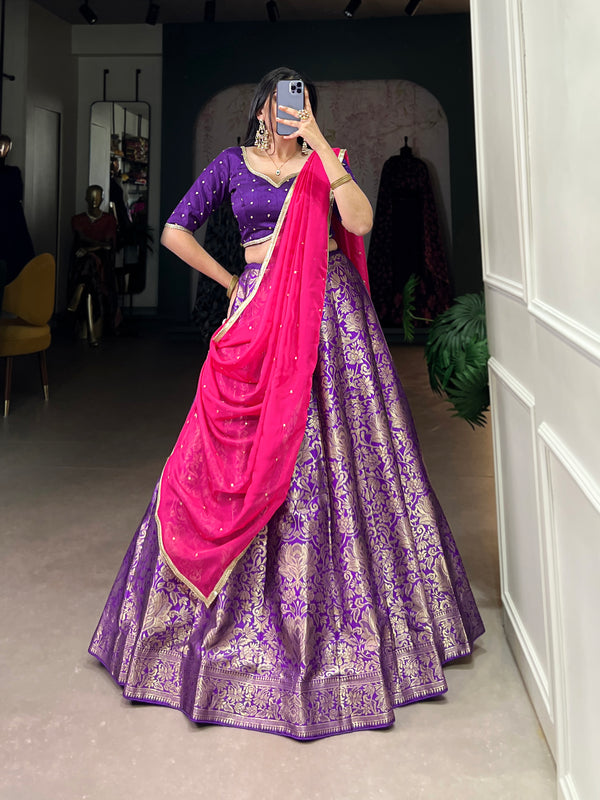 Elegant Purple Jacquard Silk Lehenga Set with Zari Weaving