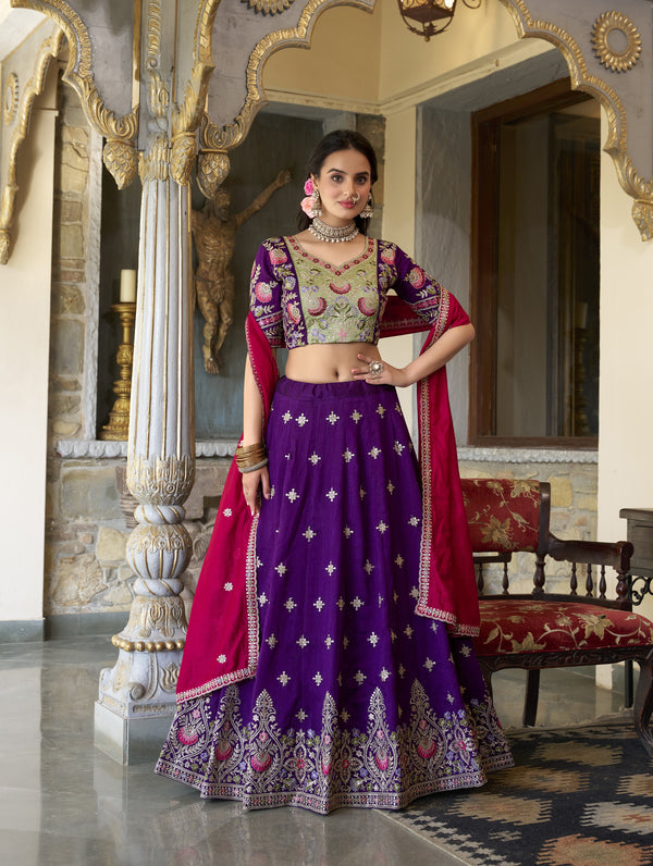 Elegant Purple Vichitra Silk Lehenga With Sequins