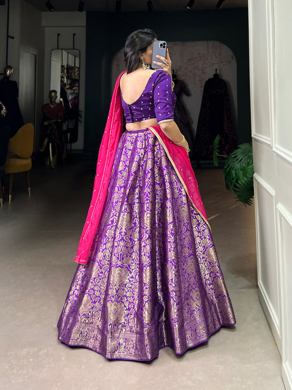 Elegant Purple Jacquard Silk Lehenga Set with Zari Weaving