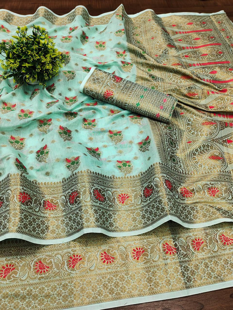 Elegant Soft Cotton Zari Meenakari Weaving Saree